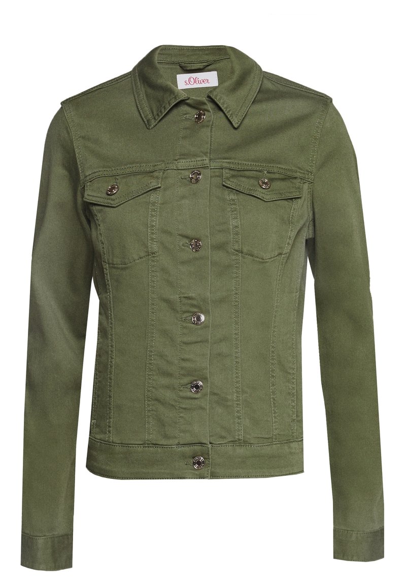 Chaqueta de mezclilla verde oliva con cuello, cierre frontal de botones, dos bolsillos en el pecho y herrajes en tono plateado. Diseño ajustado con hombros sin costuras.