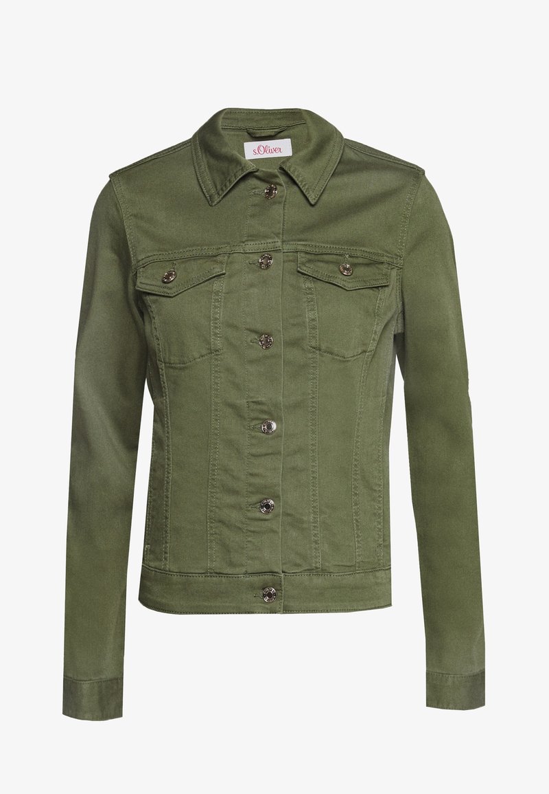 Olijfgroene denimjack met kraag, frontsluiting met knopen, twee borstzakken en hardware in zilvertint. Getailleerd ontwerp met naadloze schouders.