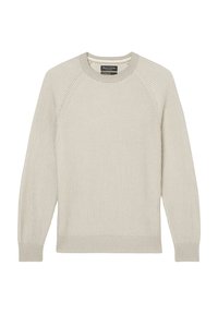 Vaalean beige ribattu neule, jossa on pyöreä kaula-aukko, raglan-hihat ja teksturoitu yksityiskohta; valmistettu pehmeästä, neulotusta materiaalista.