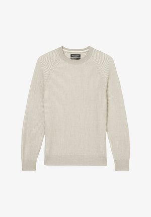 Világos bézs bordázott pulóver kerek nyakkivágással, raglán ujjak és textúrált részletezés; puha kötött anyagból készült.