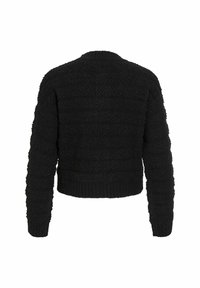Zwarte cropped sweater met een gestructureerd, fuzzy breipatroon. Voorzien van lange mouwen en een geribbelde zoom. Eenvoudig en effen ontwerp.