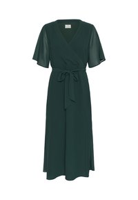 Dark green wrap dress with short flutter sleeves, a tie waist, and a flowy skirt. Made from lightweight fabric with a smooth texture.