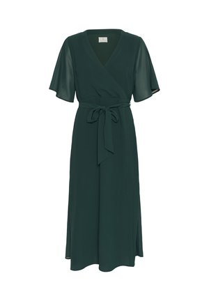 Tmavě zelené zavinovací šaty s krátkými rozšířenými rukávy, páskem na zavazování v pase a splývavou sukní. Vyrobeno z lehké látky s hladkým povrchem.