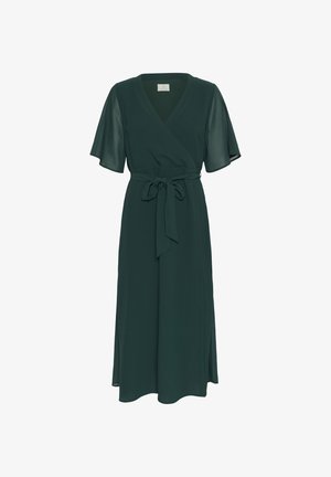 Tmavě zelené zavinovací šaty s krátkými rozšířenými rukávy, páskem na zavazování v pase a splývavou sukní. Vyrobeno z lehké látky s hladkým povrchem.