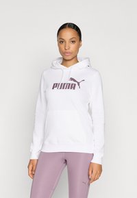 Balts kapuci džemperis ar kengura kabatu, kas rotāts ar lielu maroon "PUMA" logo un kaķa emblēmu uz krūtīm. Gluda kokvilnas auduma.