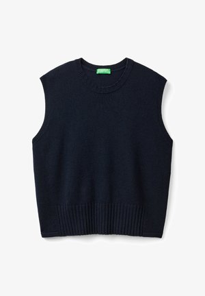 Maglioncino senza maniche blu navy realizzato in tessuto lavorato a maglia. Presenta un colletto rotondo e un orlo a coste per una maggiore texture.