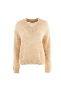Suéter de punto beige con escote en V, mangas largas y puños acanalados. Textura suave y esponjosa con un ajuste ligeramente holgado.