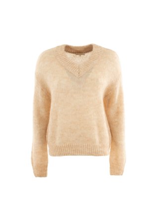 Beige gebreide trui met een V-hals, lange mouwen en geribde manchetten. Zachte, pluizige textuur met een iets losse pasvorm.