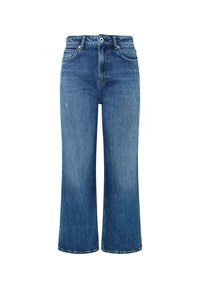 Kõrge vöökoht, sinised denim püksid laia jala lõikega, klassikalise viie tasku disainiga ja kerge kulumisega.