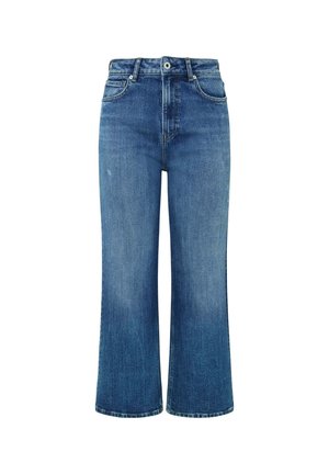 Džíny z modrého denimu s vysokým pasem a širokým střihem, které mají klasický pětikapsový design a jemné blednutí.