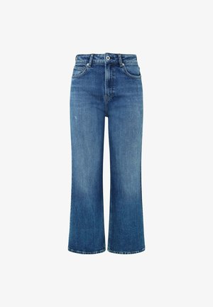 Traperice visokog struka plave boje s širokim nogavicama, s klasičnim dizajnom od pet džepova i suptilnim izbljeđivanjem.