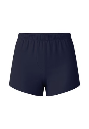 Sötétkék, puha anyagú rövidnadrág, rugalmas derékkal, egyszerű dizájnnal, látható minták vagy díszítések nélkül.