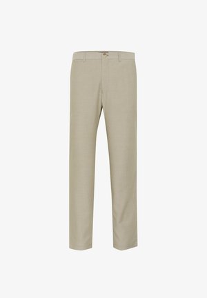 Pantaloni bej, croiți pe măsură, cu un design drept, având închidere cu nasture, bucle pentru curea și un model textil discret.