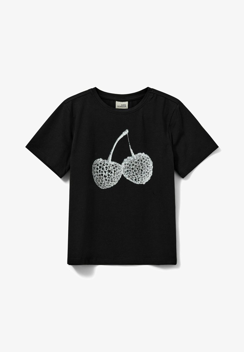 Crna pamučna majica s grafikom dviju bijelih trešanja sa mrežastim uzorkom. Kratak rukav i okrugli izrez.