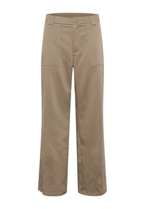 Pantalons larges kaki à coupe droite, fabriqués en tissu texturé, dotés de deux poches avant et d'une fermeture à bouton à la taille.