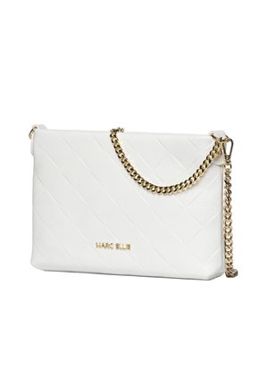 Witte leren rechthoekige handtas met diagonale stiksels, gouden kettingriem en gouden Marc Ellis-logo aan de voorkant.
