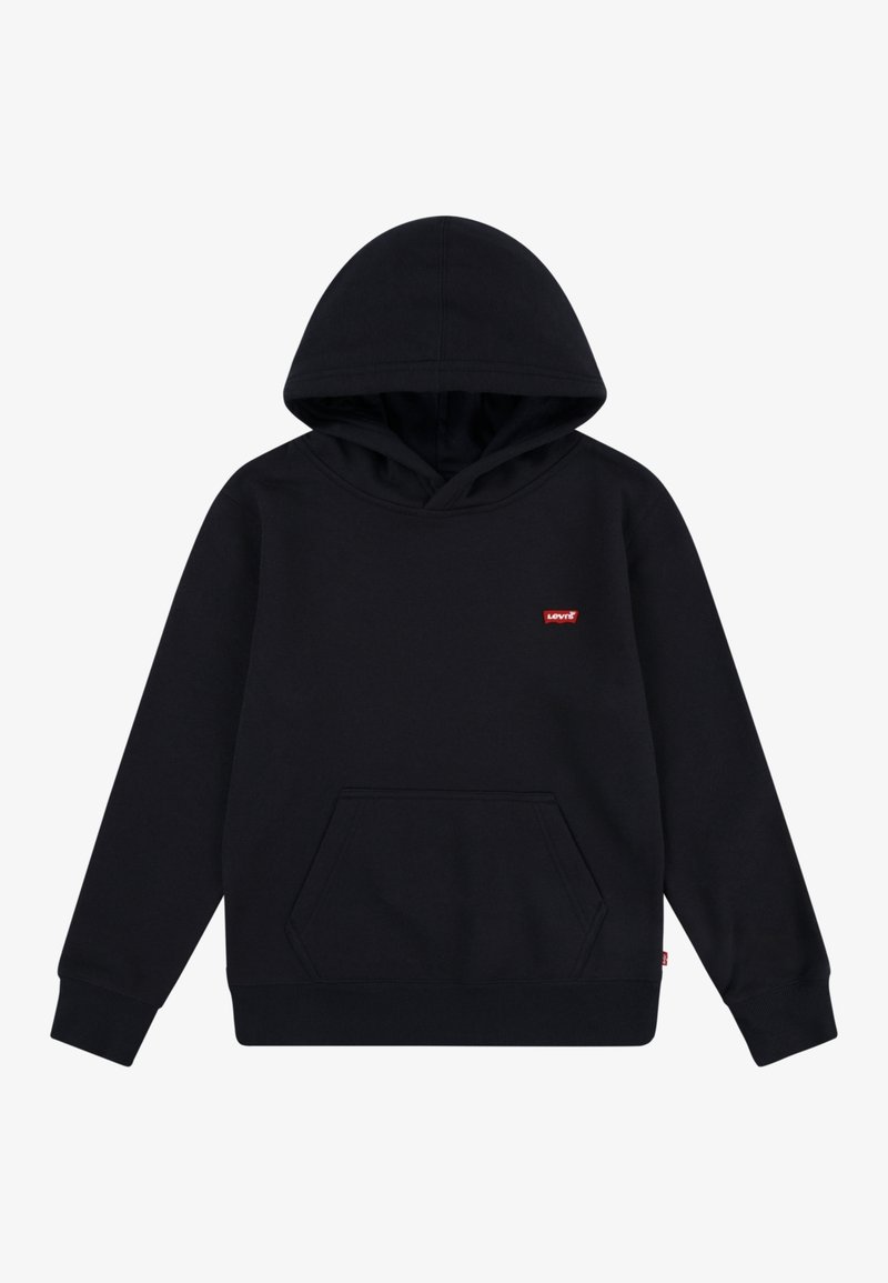 Sweat à capuche noir avec poche kangourou à l'avant et petit logo rouge Levi's sur la poitrine et la couture latérale, présenté sur fond blanc.