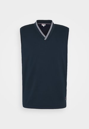 Pull sans manches bleu marine avec un col en V, présentant un motif texturé et des accents de rayures blanches sur le col. Logo de la marque sur l'ourlet.