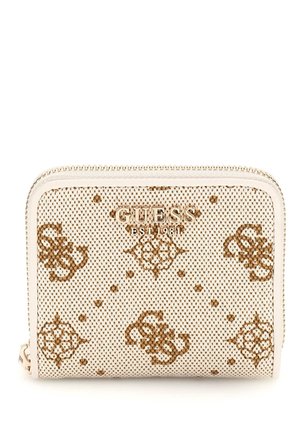 Beige textured wallet with gold-tone logo. Features a zip closure and a brown geometric pattern throughout. Compact and rectangular design.