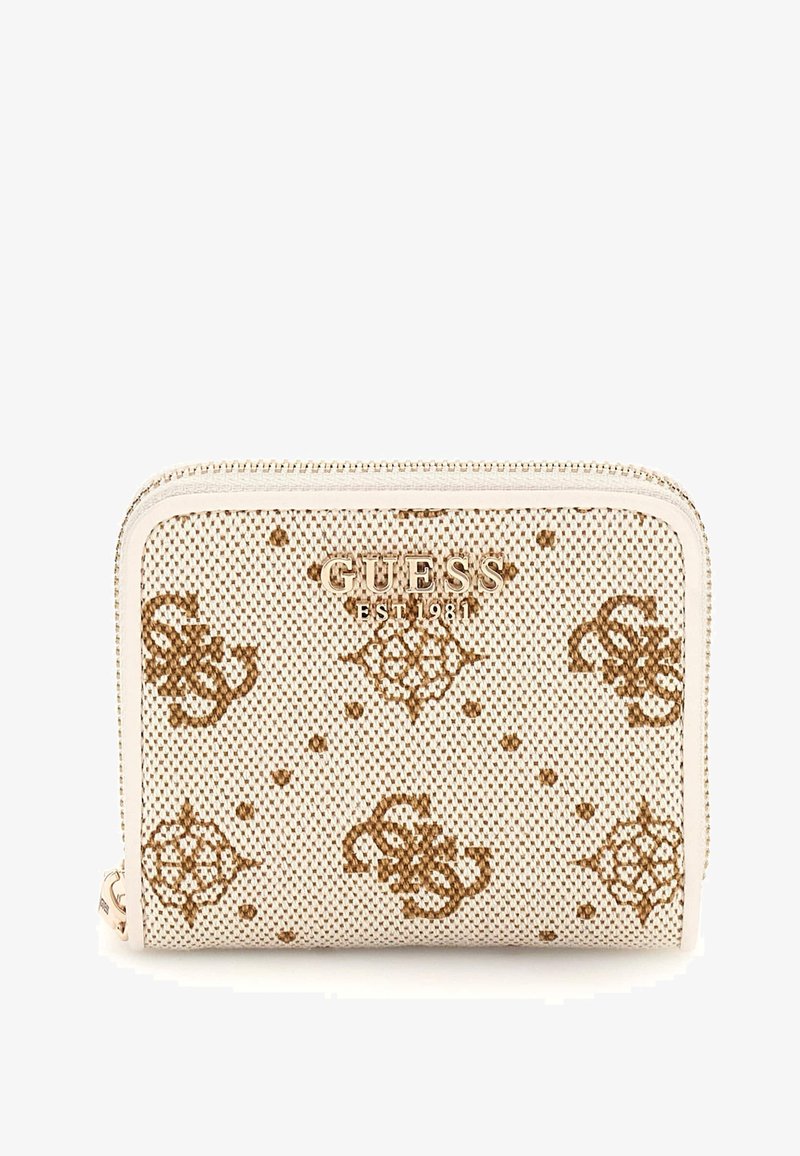 Bežs teksturēts maciņš ar zelta krāsas logo. Aprīkots ar rāvējslēdzēju un brūnu ģeometrisku rakstu visā virsmā. Kompakts un taisnstūra dizains.