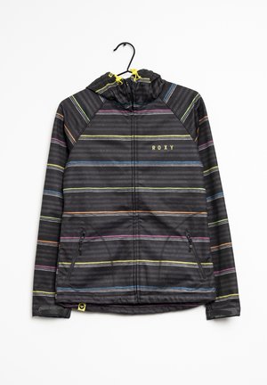 Veste à capuche noire avec des rayures horizontales multicolores, des tirettes de fermeture éclair jaunes, des poches avant zippées et le logo ROXY sur la poitrine, suspendue à un cintre noir.
