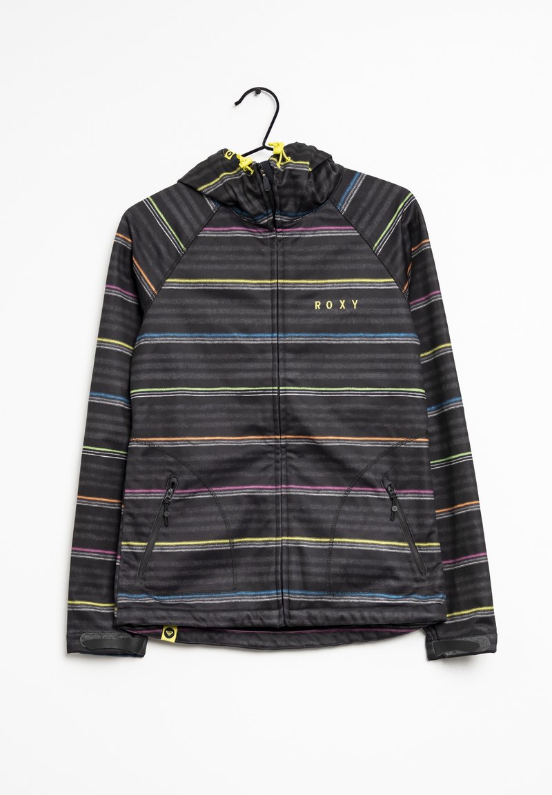 Veste à capuche noire avec des rayures horizontales multicolores, des tirettes de fermeture éclair jaunes, des poches avant zippées et le logo ROXY sur la poitrine, suspendue à un cintre noir.