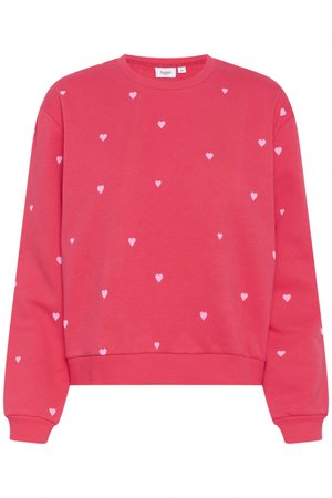 Sweatshirt rouge à col rond, orné de petits motifs en forme de cœur rose répartis uniformément sur la surface. Fabriqué en tissu doux.