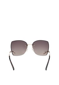 Solbriller med en stor firkantet ramme, gradient mørkegrå linser, guld metal accenter og sorte arme med en blank finish.