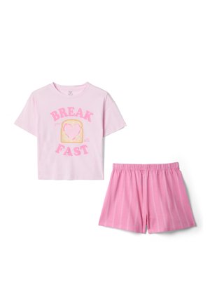 Rosa Kurzarm-Top mit dem Text "BREAK FAST" und einer herzförmigen Toast-Grafik, kombiniert mit rosa gestreiften Shorts mit elastischem Bund.