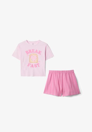 Rosa Kurzarm-Top mit dem Text "BREAK FAST" und einer herzförmigen Toast-Grafik, kombiniert mit rosa gestreiften Shorts mit elastischem Bund.