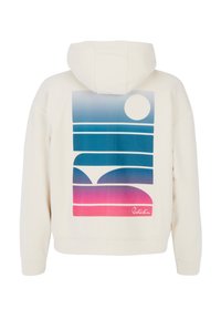 Felpa color crema con grafica retro che presenta sfumature di blu e rosa, un sole e elementi paesaggistici stilizzati.