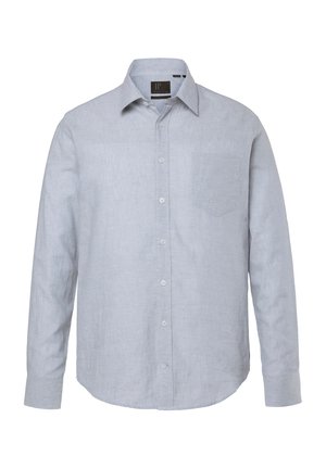 Hellblaues, langärmliges Hemd mit Knöpfen, spitzem Kragen und Brusttasche, aus strukturiertem Stoff gefertigt.