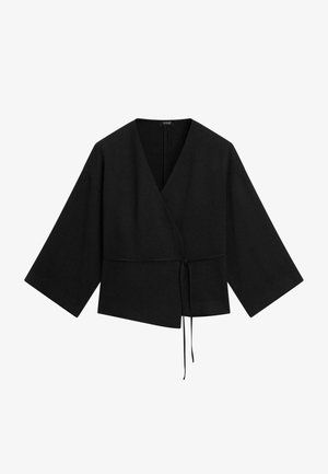 Black wrap-style jacket with wide sleeves, cropped design, and a tie closure. Made of smooth fabric with a minimalistic aesthetic.