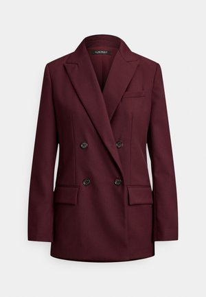 Veste blazer double boutonnage bordeaux en tissu lisse, avec revers crantés, deux poches avant et quatre boutons noirs sur le devant.