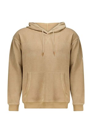 Sweatshirt beige à capuche en tissu côtelé. Doté d'une poche avant, d'un cordon de serrage et de poignets élastiques. Surface texturée.