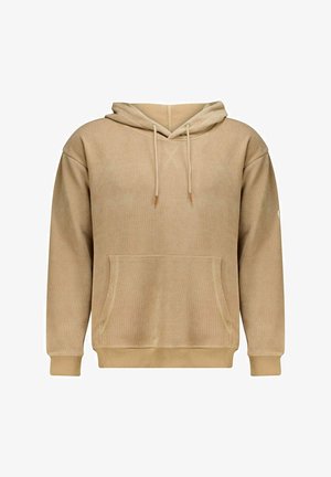 Sweatshirt beige à capuche en tissu côtelé. Doté d'une poche avant, d'un cordon de serrage et de poignets élastiques. Surface texturée.