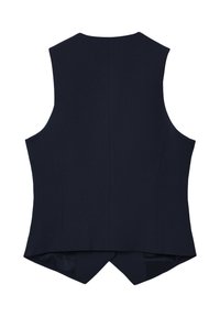 Marineblauer ärmelloser Weste mit taillierter Passform, die über eine glatte Textur und ein gespaltenes Rückendesign für zusätzliche Details verfügt.