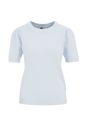 Maglione a maniche corte di colore azzurro chiaro, realizzato a maglia, con scollatura rotonda, motivo testurizzato e orlo a costine. Le maniche a sbuffo aggiungono dimensione al design.