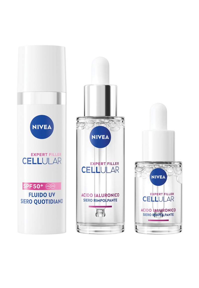 Set di skincare Nivea Cellular Expert Filler. Include una crema bianca SPF 50+ e due sieri trasparenti con accentuazioni blu e contagocce.