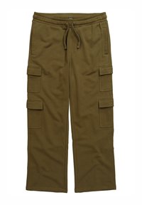 Olijfgroene cargobroek van zachte stof, met een elastische tailleband met trekkoord, vier zijzakken en een rechte pijpdesign.