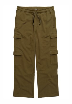 Pantaloni cargo verde oliva in tessuto morbido, dotati di vita elastica con cordoncino, quattro tasche laterali e un design a gamba dritta.