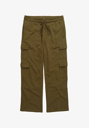 Pantaloni cargo verde oliva in tessuto morbido, dotati di vita elastica con cordoncino, quattro tasche laterali e un design a gamba dritta.