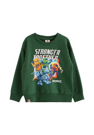 Dark green sweatshirt with "Stronger Together" text and colorful LEGO Ninjago characters and dragon graphic on front.