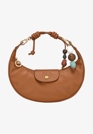 Brown leather handbag with a crescent shape, knotted handle, gold hardware, and decorative beads in various colors. Front flap with logo detail.