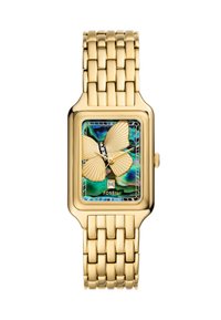 Montre rectangulaire dorée avec un motif de papillon sur un fond irisé. Dispose d'un bracelet en métal et d'un affichage de la date à 6 heures.