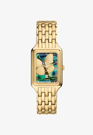Goldfarbene rechteckige Uhr mit einem Schmetterlingsmotiv auf einem irisierenden Hintergrund. Verfügt über ein Metallgliederarmband und eine Datumsanzeige auf 6 Uhr.