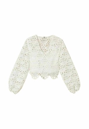 Blusa bianca in pizzo con maniche lunghe, scollo a V, orlo smerlato e motivi floreali traforati intricati.