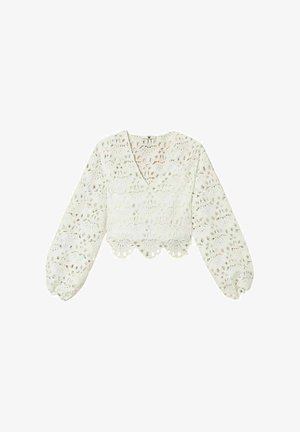 Blusa bianca in pizzo con maniche lunghe, scollo a V, orlo smerlato e motivi floreali traforati intricati.