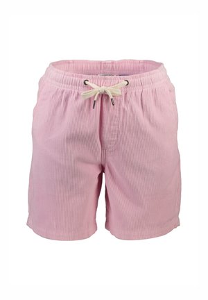 Shorts rose clair en tissu côtelé, avec une taille élastique et un cordon de serrage, offrant une coupe décontractée. Aucune poche visible.