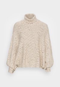 Beiger Strickpullover mit Rollkragen, weiter Silhouette, strukturierter Stoff und geraffte Ärmel mit Knopfdetails an den Bündchen.